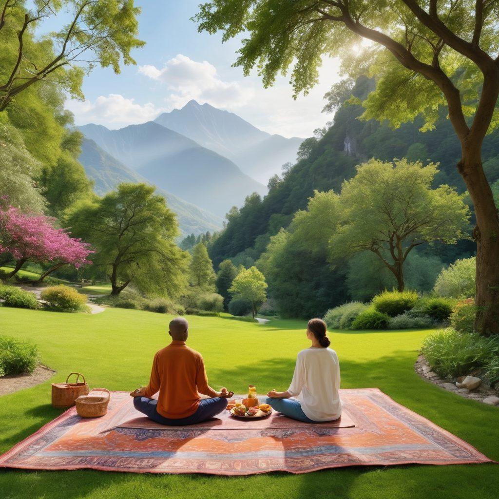 A family sitting together in a serene, lush park, with a picnic spread out, symbolizing balance in family life. In the background, a winding path leads to majestic mountains representing travel, while nearby, a person meditates on a mat, embodying self-improvement. The scene is infused with warm, inviting colors to evoke a sense of harmony and wellness. vibrant colors. super-realistic. serene atmosphere.
