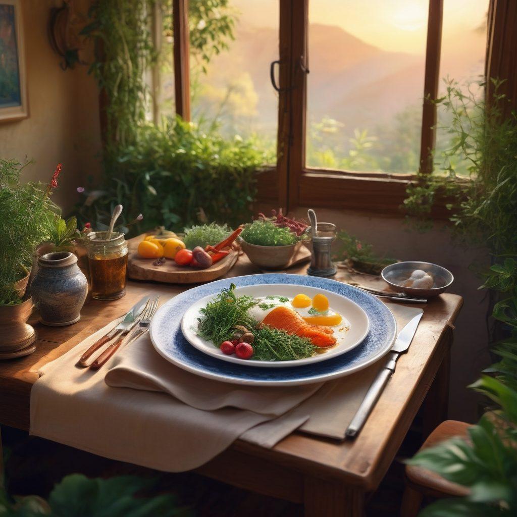 A picturesque split scene featuring a gourmet meal on one side, beautifully plated with vibrant colors and intricate details, surrounded by fresh herbs and elegant utensils. The other side showcases a serene parent-child moment, immersed in a mindful activity like painting or gardening, with a warm, inviting environment. The transition between the two scenes should be smooth, visually representing the balance of adventure and mindfulness in life. super-realistic. vibrant colors. warm lighting.