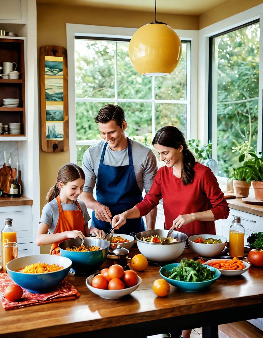 A harmonious kitchen scene showcasing a family cooking together, surrounded by vibrant ingredients symbolizing self-improvement and adventure. Incorporate travel-themed elements, such as globes and maps, to represent exploration. Add warm, inviting colors to evoke a sense of togetherness and joy. Capture the essence of balance through artistic utensils and a well-set dining table. modern illustration. vibrant colors. warm tones.